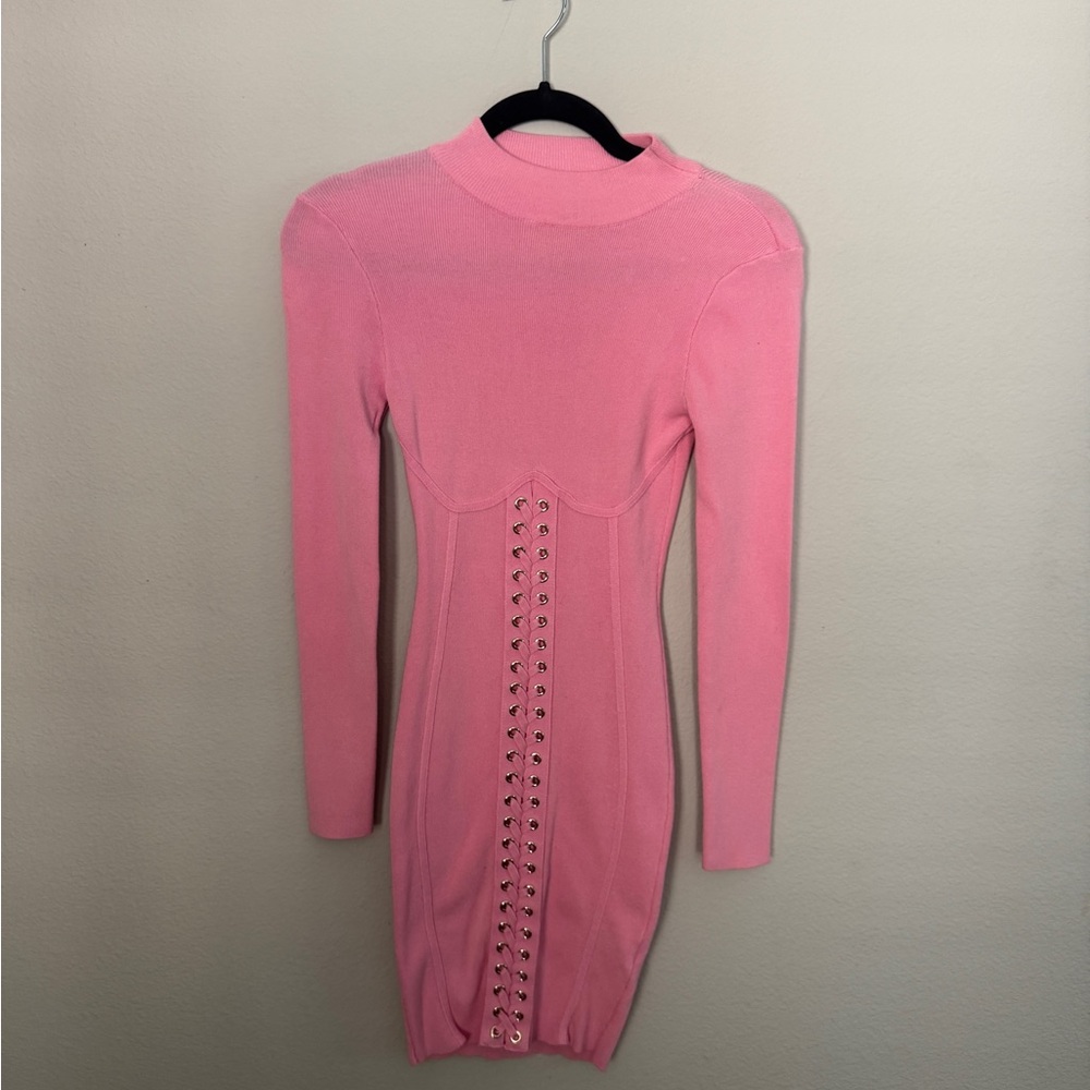 Hot Pink Long Sleeve Bodycon Dress with Gold Hardware Lace Up Corset Style Front